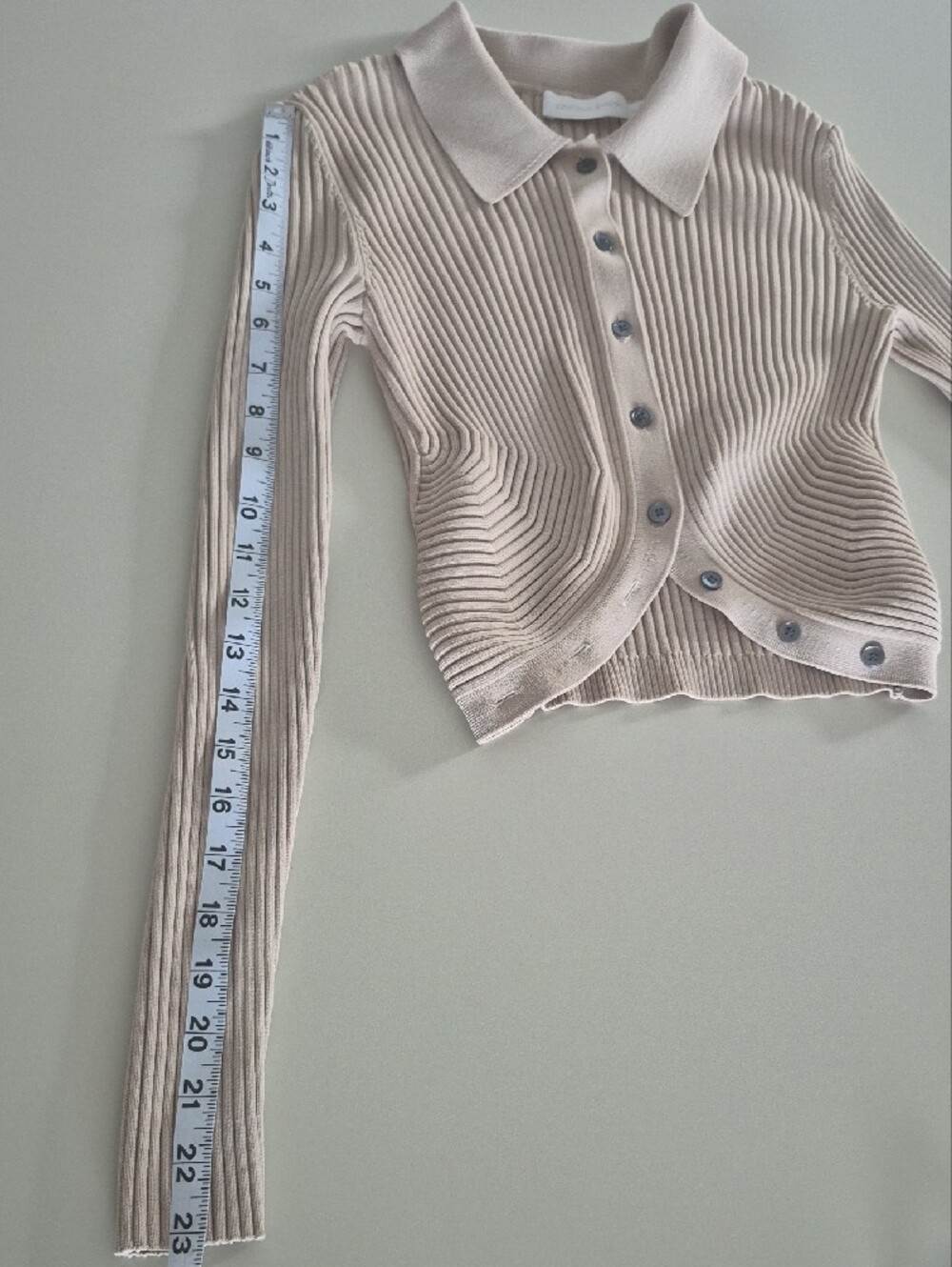 Simkhai Ribbed Collared Button-Front Beige Crop Sweater, Small - Picture 14 of 16